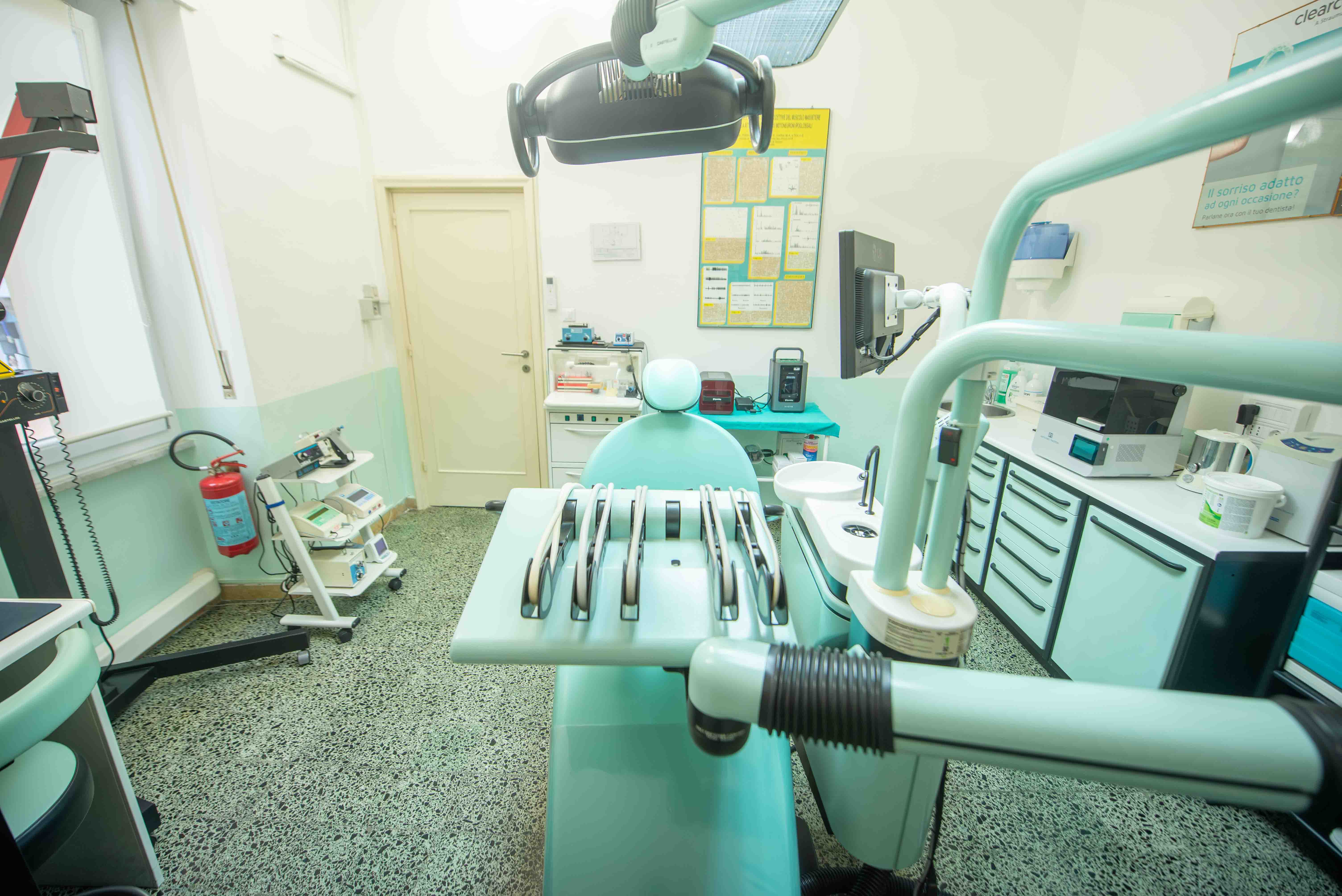 Stanza turchese dello studio con riunito e strumentazione odontoiatrica